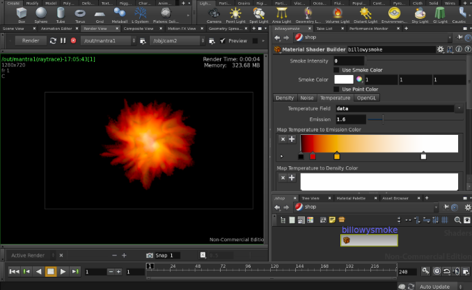 A fiery astrophysical volume rendered inside the Houdini interface